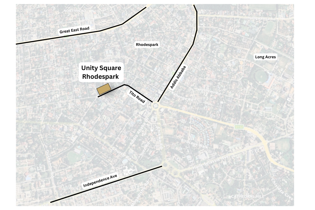 Minimal location map showing Unity Square in Rhodespark, Lusaka